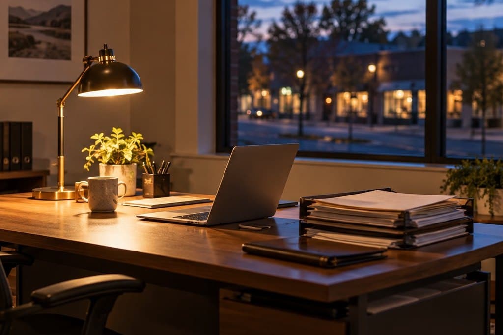 A small accounting office in the evening, desk lamp on over client folders
