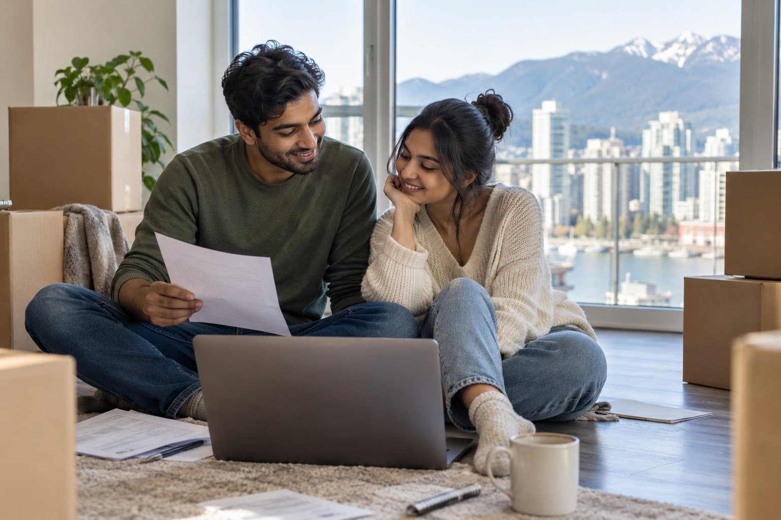 A newcomer couple reviewing documents in their new apartment